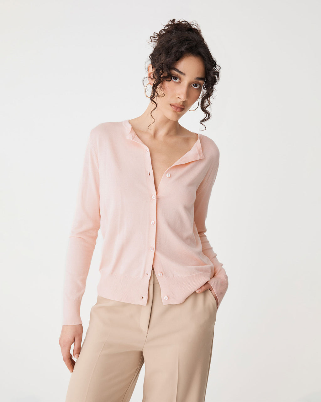 Joyce Knit Cardigan in ballet pink — close-up view