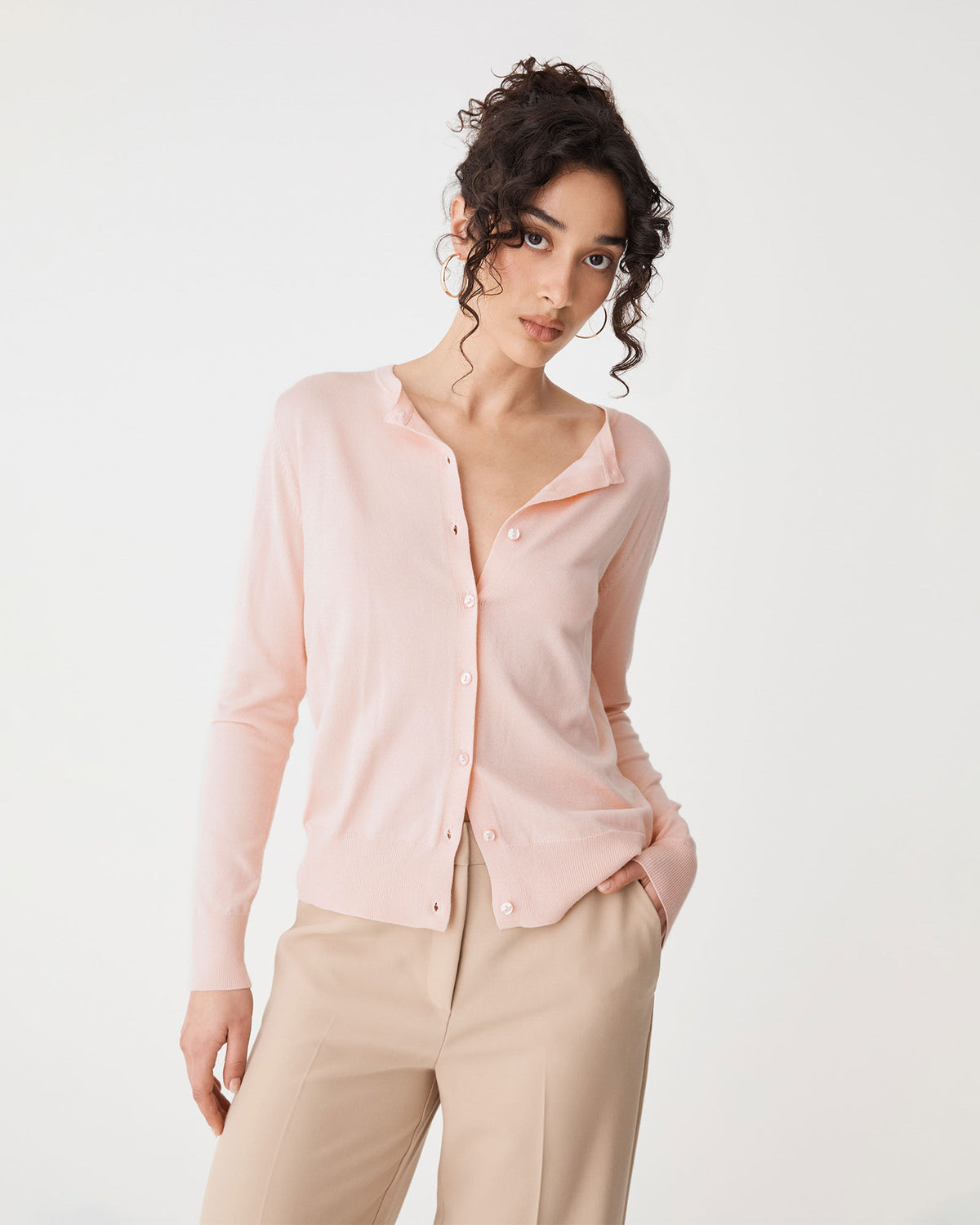 Joyce Knit Cardigan in ballet pink — close-up view
