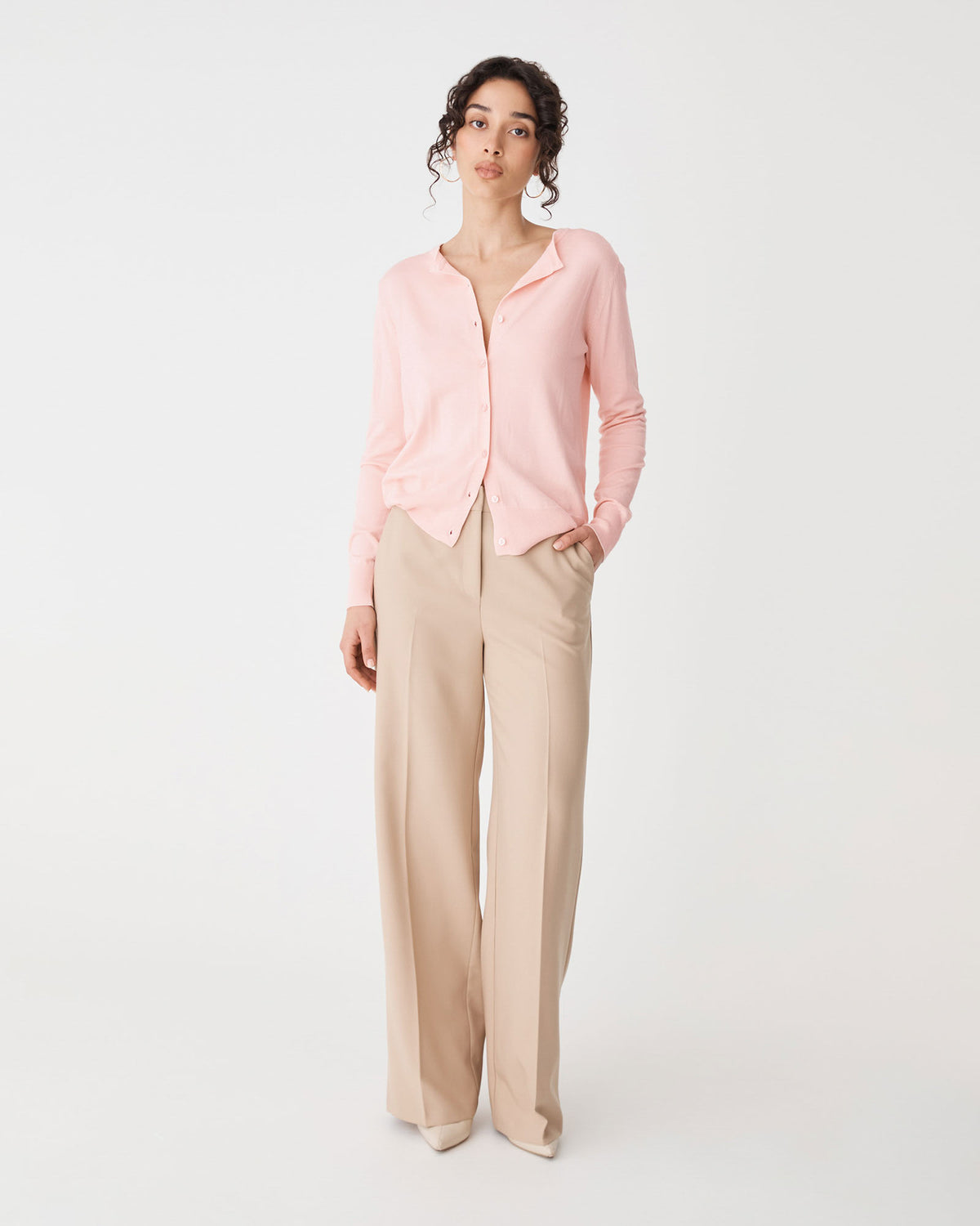 Joyce Knit Cardigan in ballet pink — full-length view