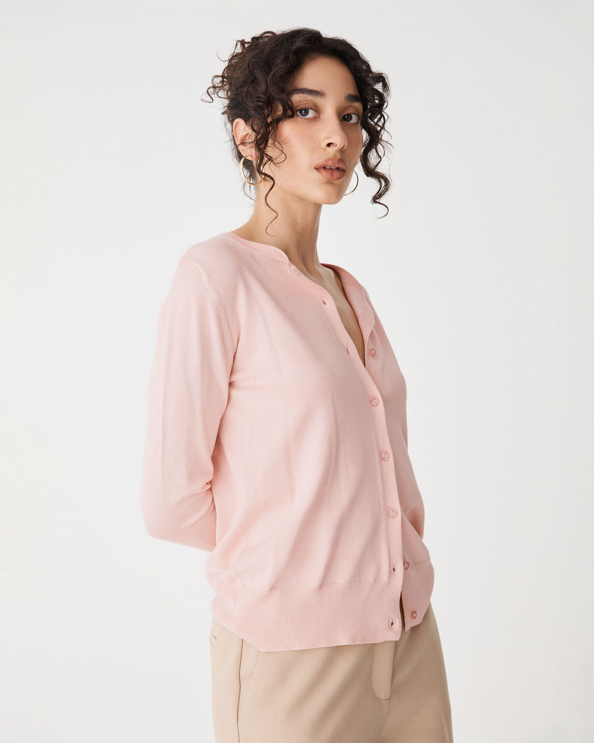 Joyce Knit Cardigan in ballet pink — side view