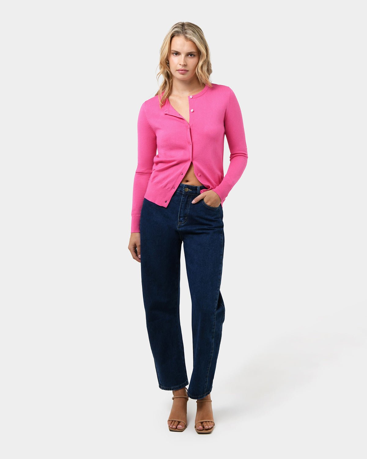 Joyce Knit Cardigan in bright pink — full-length view