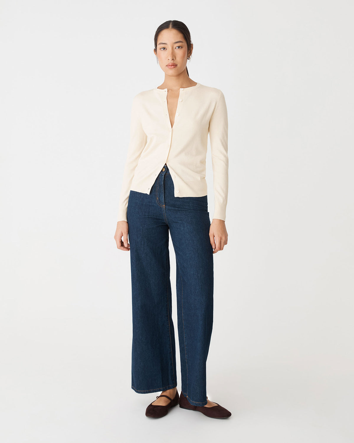 Joyce Knit Cardigan in buttercream — full-length view