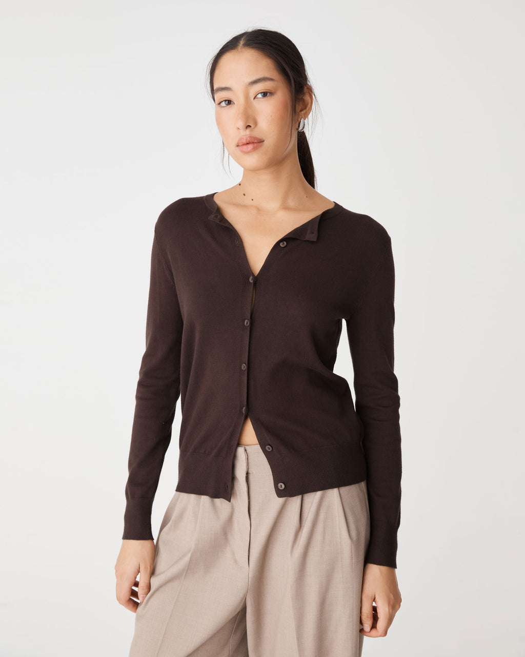 Joyce Knit Cardigan in dark chocolate — close-up view