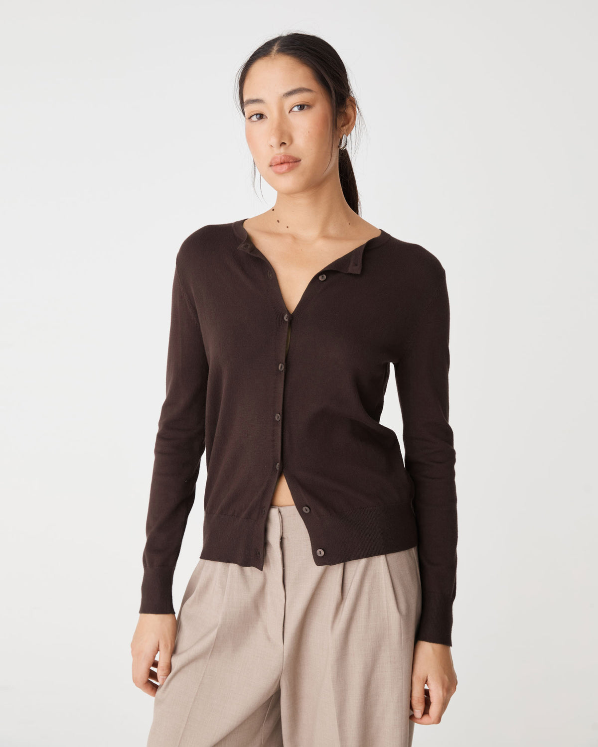 Joyce Knit Cardigan in dark chocolate — close-up view