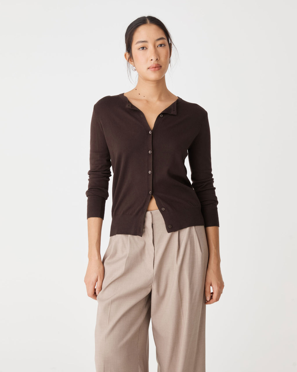 Joyce Knit Cardigan in dark chocolate — close-up view 2