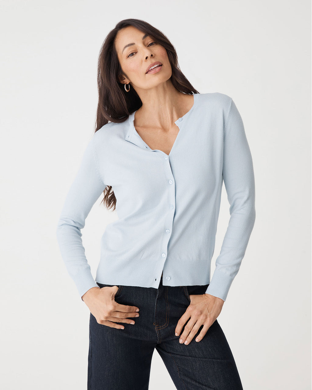 Joyce Knit Cardigan in dusk blue — close-up view