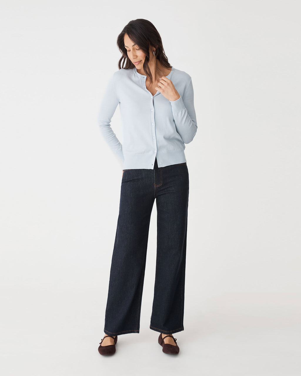 Joyce Knit Cardigan in dusk blue — full-length view