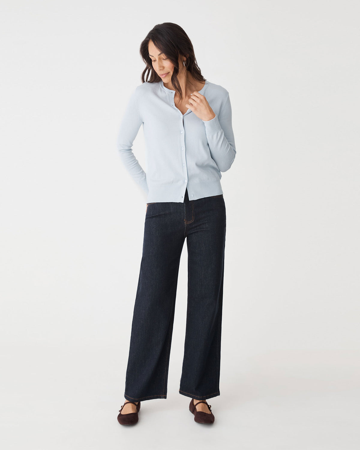 Joyce Knit Cardigan in dusk blue — full-length view