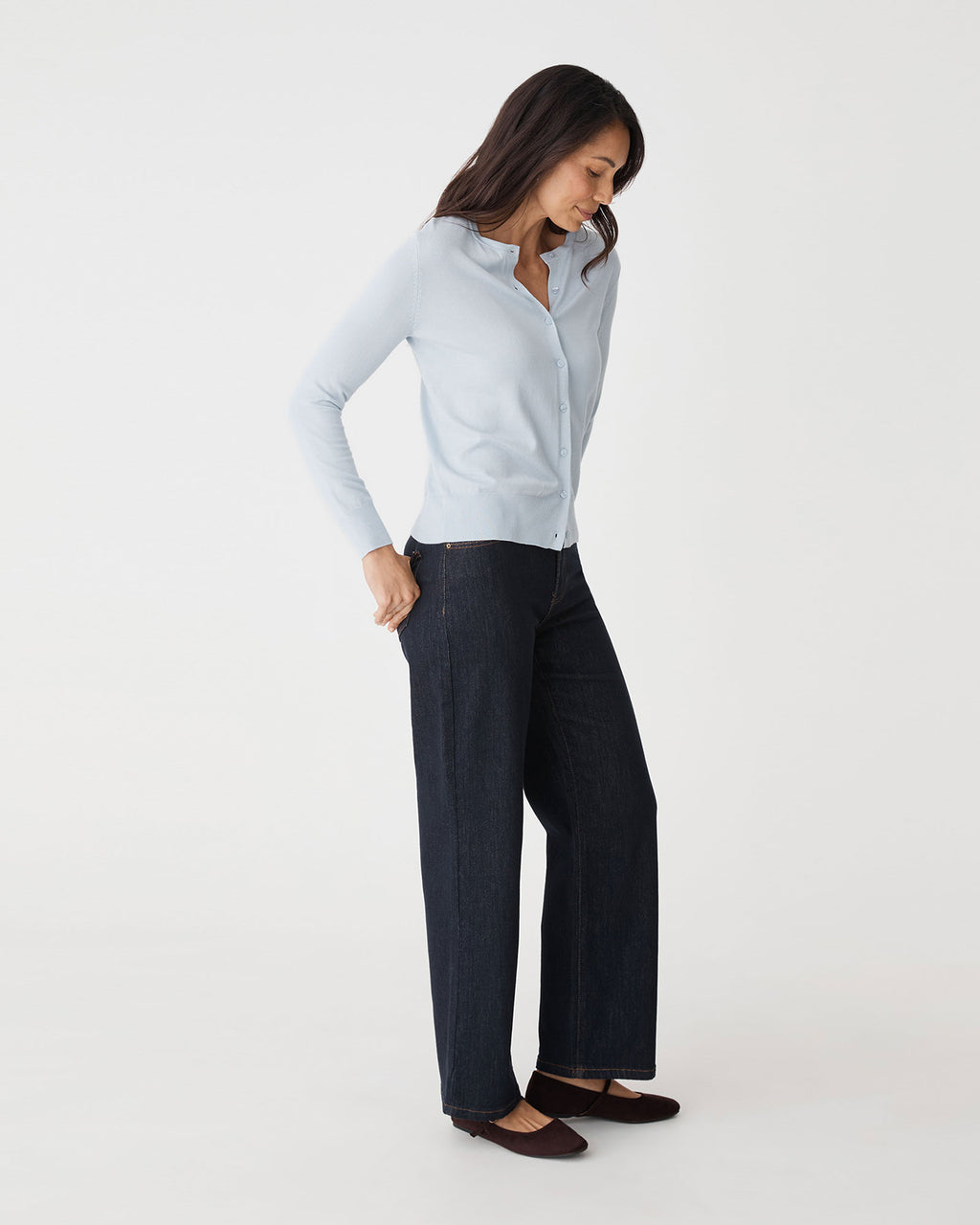 Joyce Knit Cardigan in dusk blue — side view