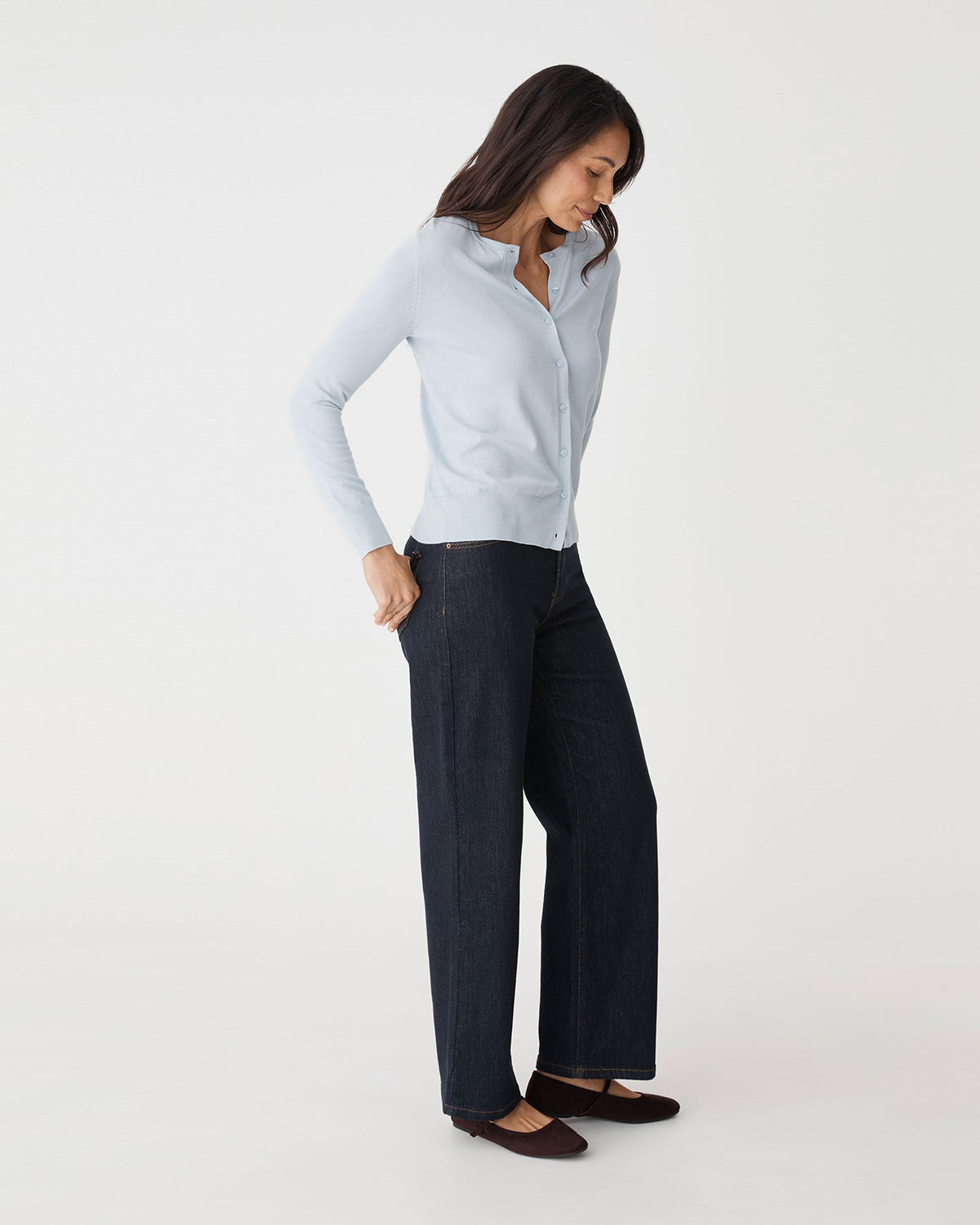 Joyce Knit Cardigan in dusk blue — side view