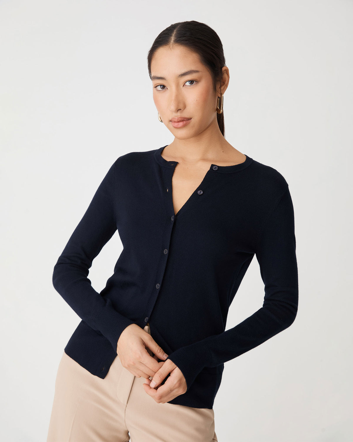 Joyce Knit Cardigan in navy — close-up view 2