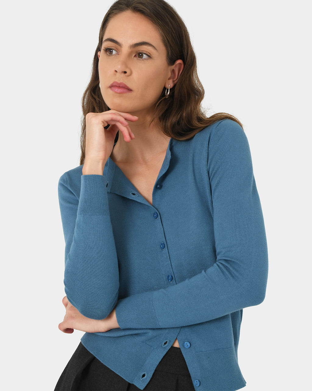 Joyce Knit Cardigan in oriental blue — close-up view
