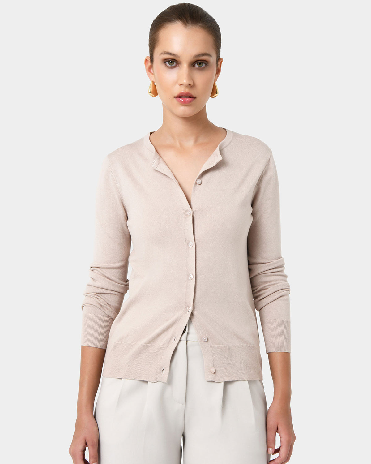 Joyce Knit Cardigan in sand beige — close-up view