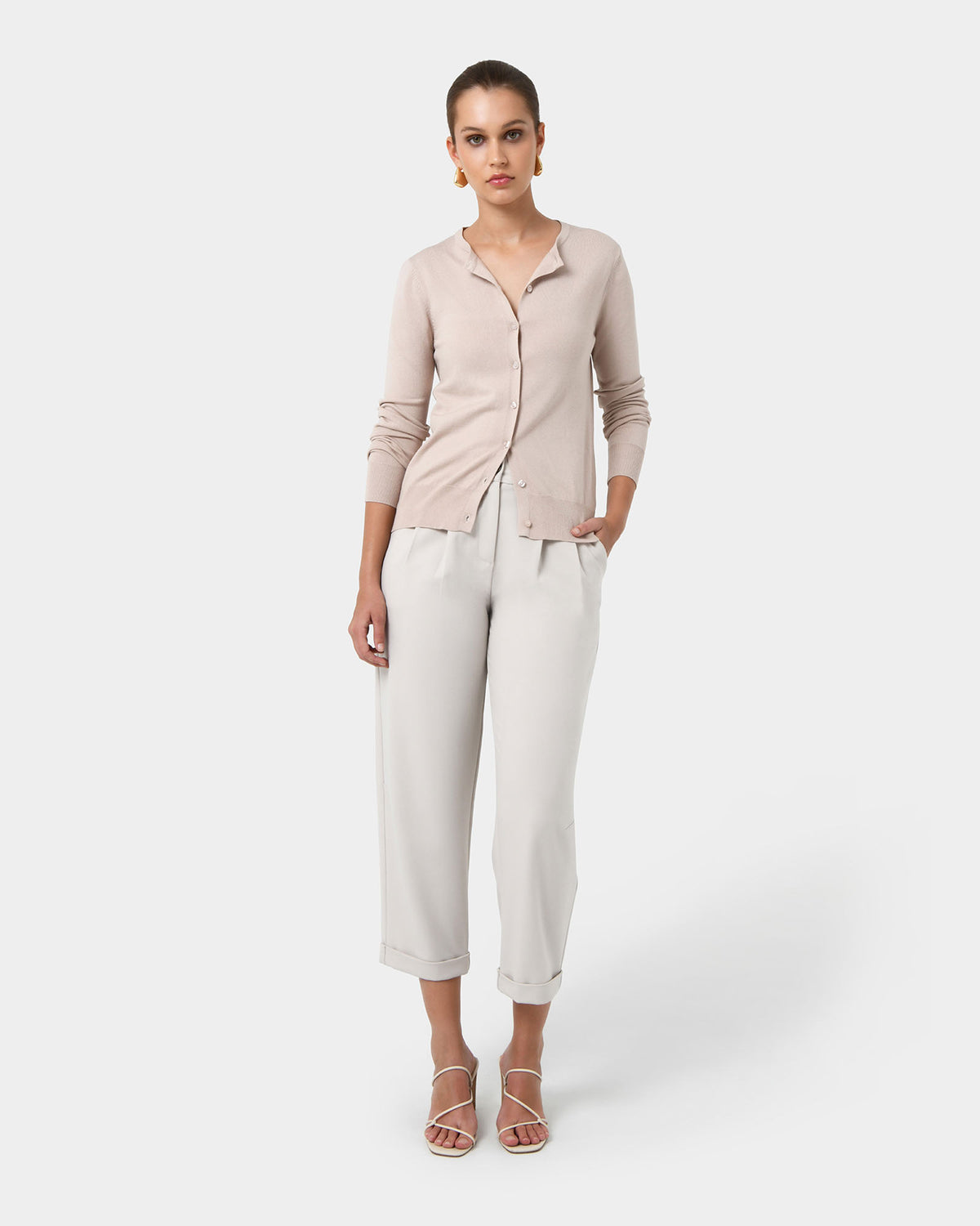 Joyce Knit Cardigan in sand beige — full-length view