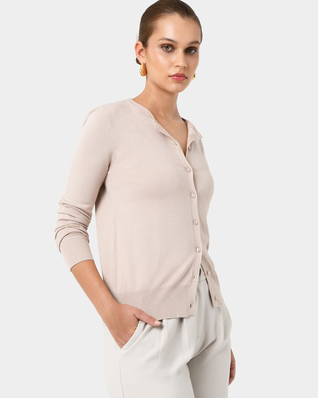 Joyce Knit Cardigan in sand beige — side view