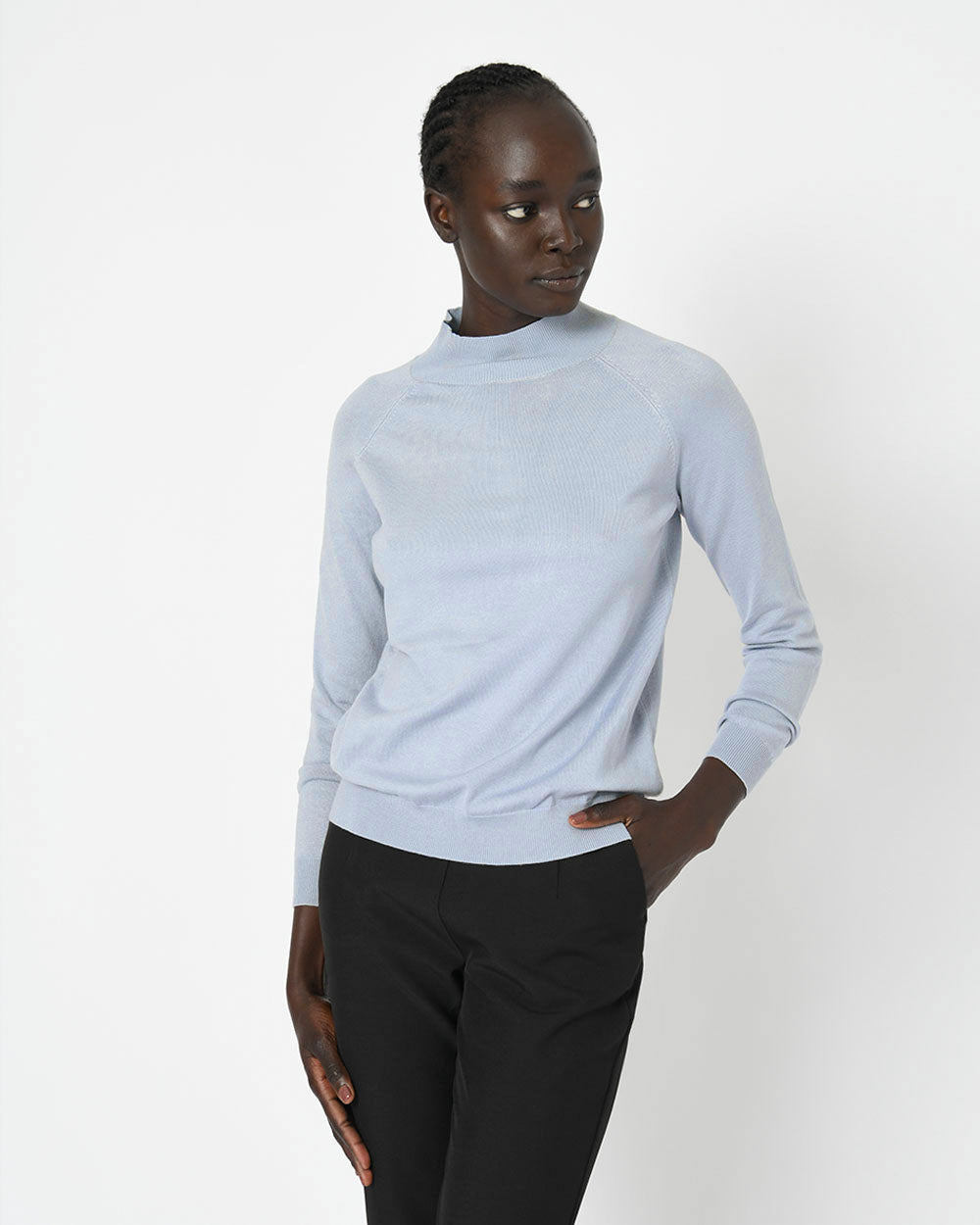 Maneh Mock Neck Knit in zen blue — close-up view 2