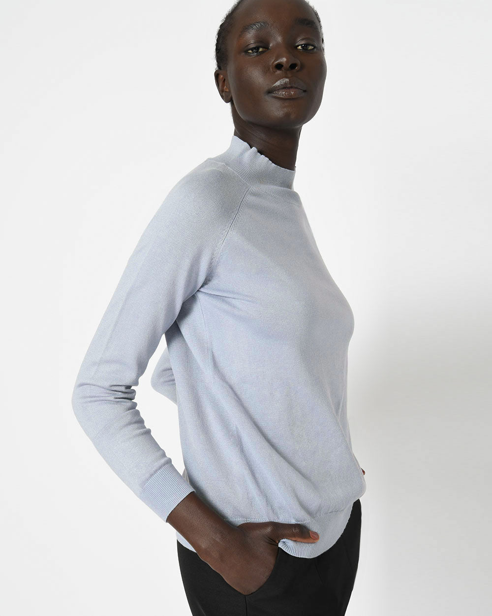 Maneh Mock Neck Knit in zen blue — side view