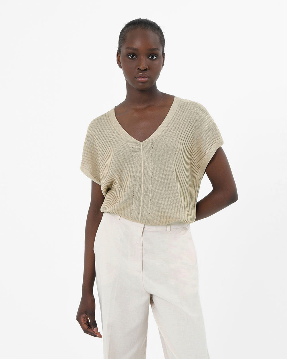 Sloan V-Neck Cape Sweater in taupe — close-up view
