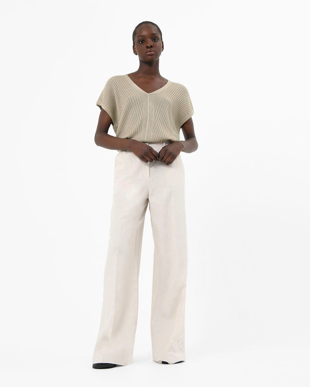 Sloan V-Neck Cape Sweater in taupe — full-length view