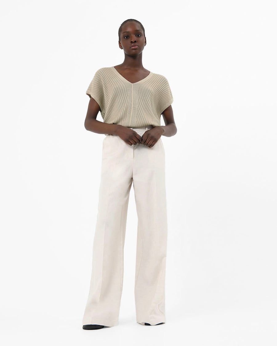 Sloan V-Neck Cape Sweater in taupe — full-length view
