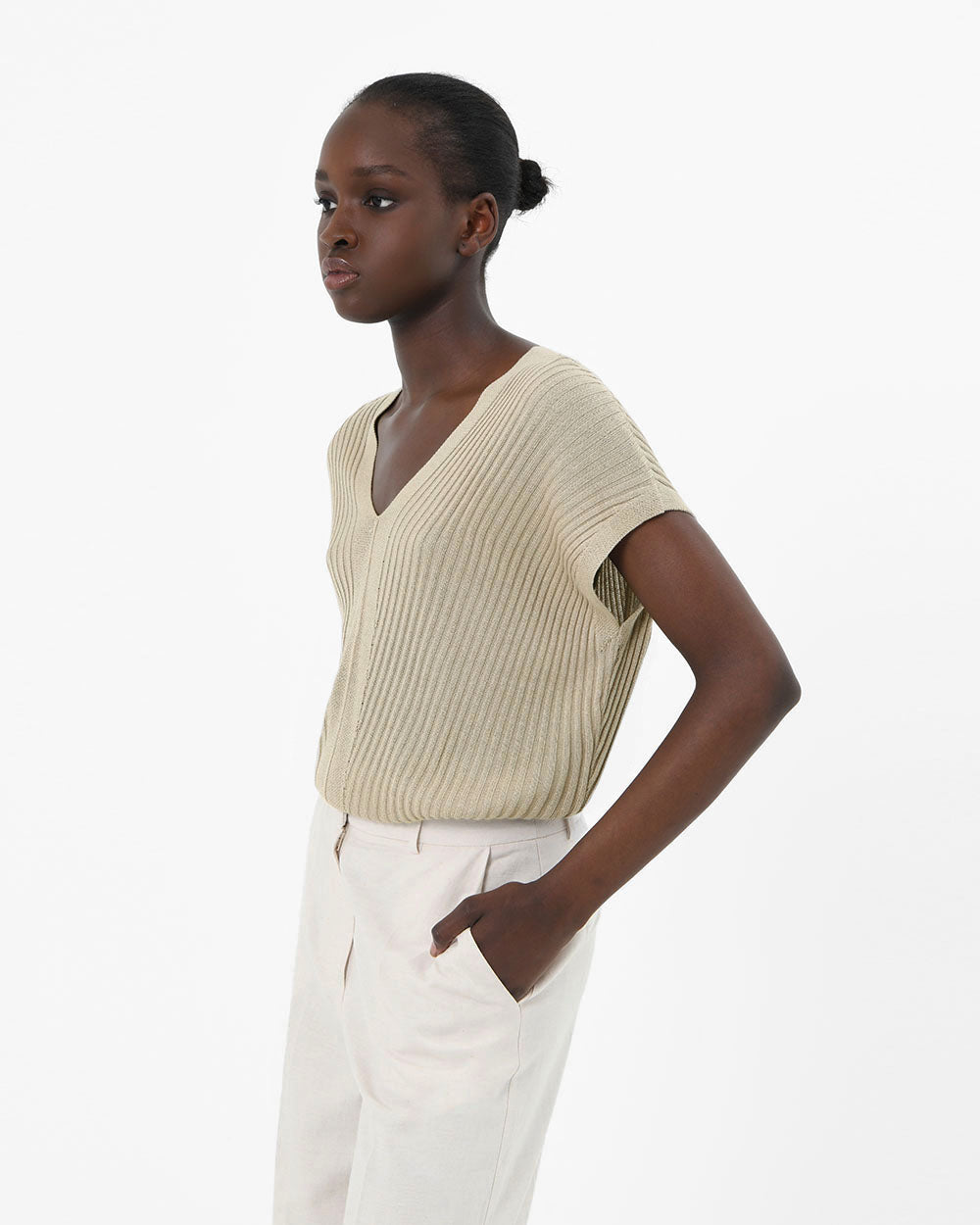 Sloan V-Neck Cape Sweater in taupe — side view