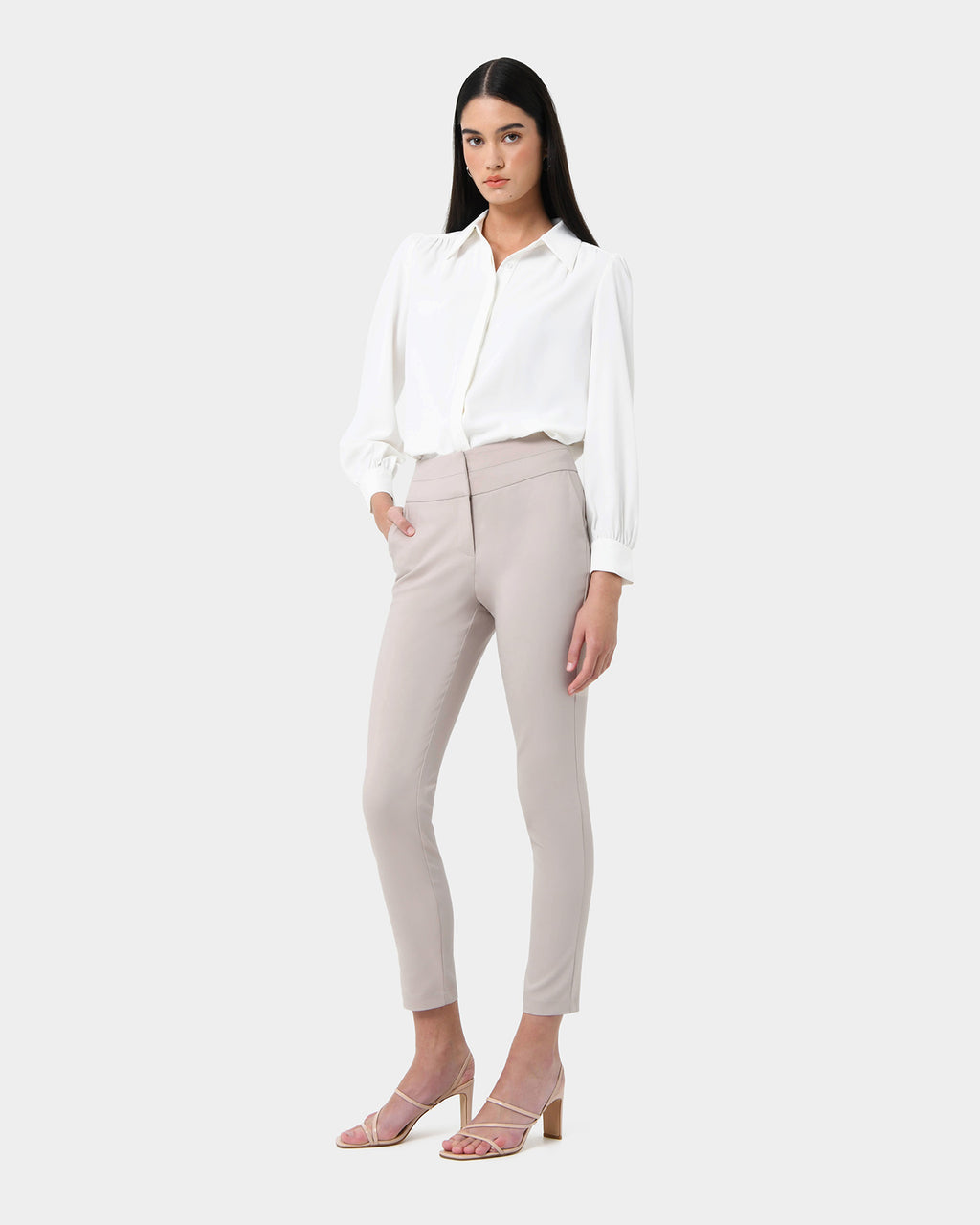 Myah Double Waistband Pants in light grey — side view