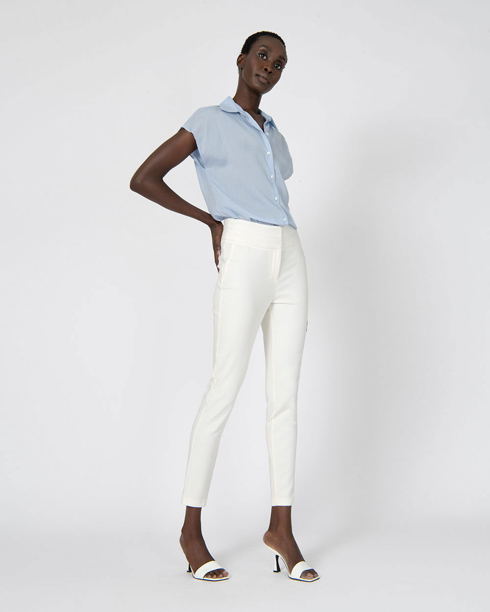 Maria High Waist Pants in ivory — full-length view 3