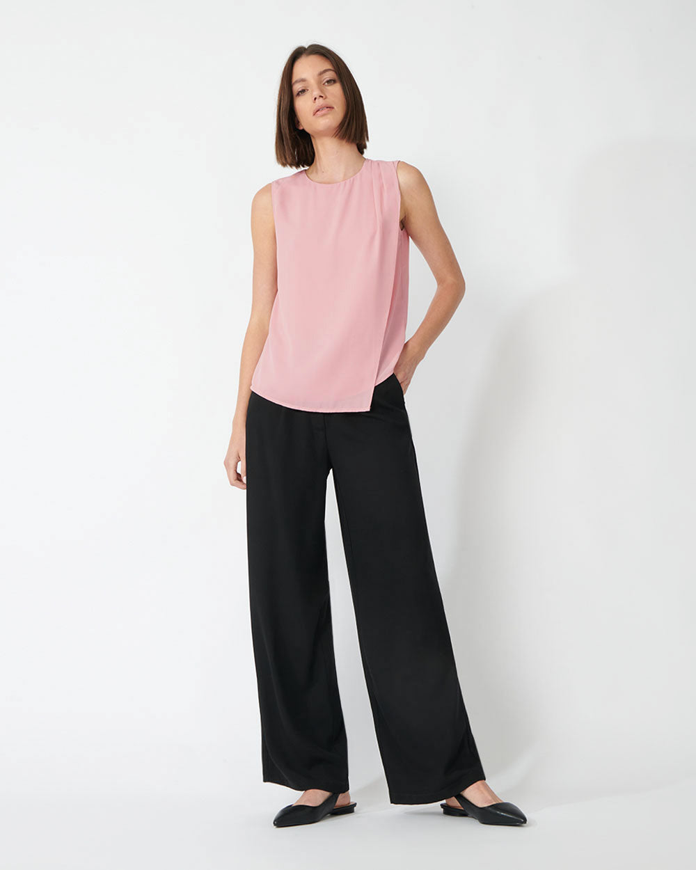 Leona Split Front Blouse in blush — full-length view