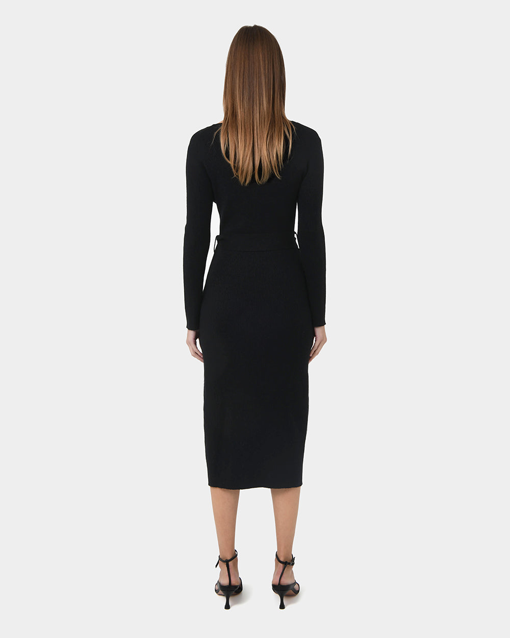 Amberly Tie Waist Knit Dress in black — back view