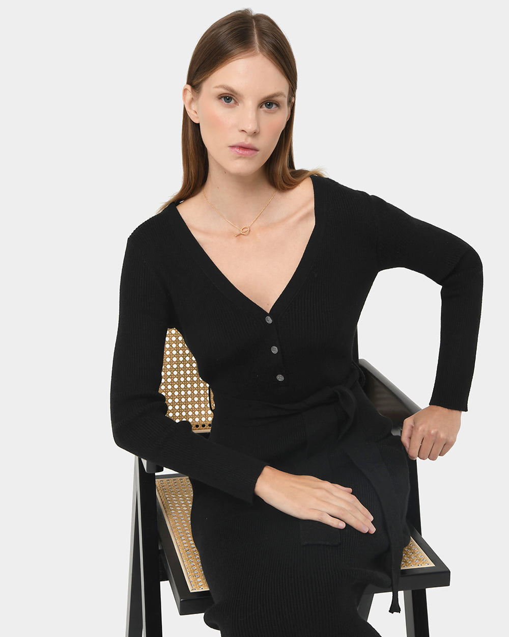 Amberly Tie Waist Knit Dress in black — close-up view