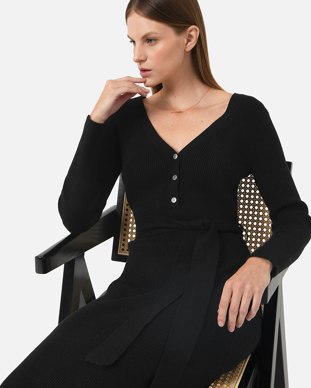 Amberly Tie Waist Knit Dress in black — close-up view 2