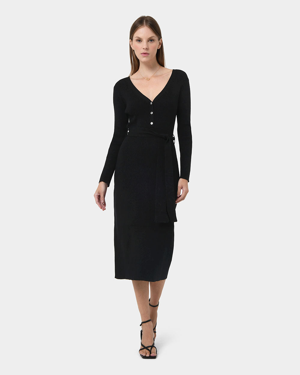 Amberly Tie Waist Knit Dress in black — full-length view