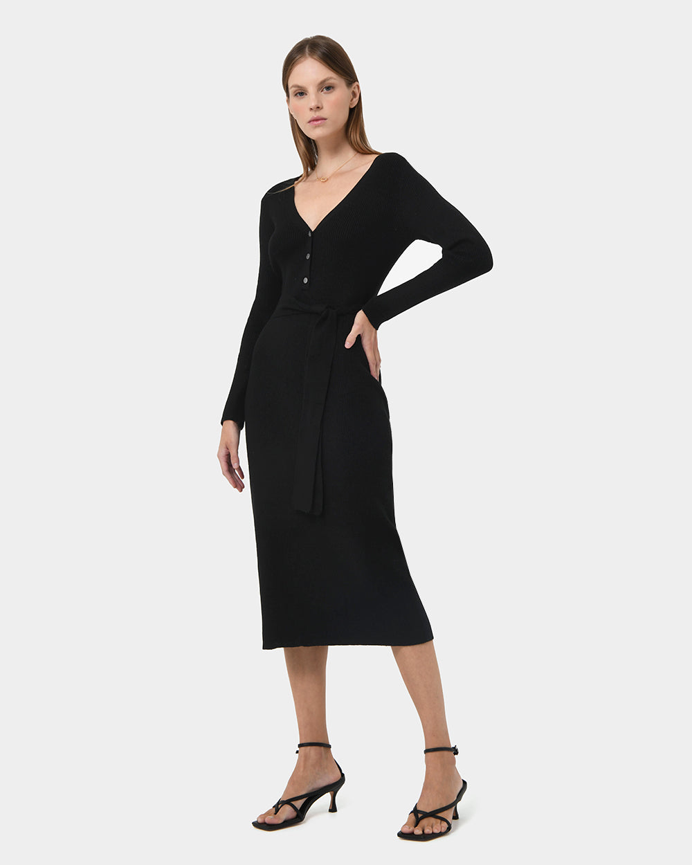 Amberly Tie Waist Knit Dress in black — side view