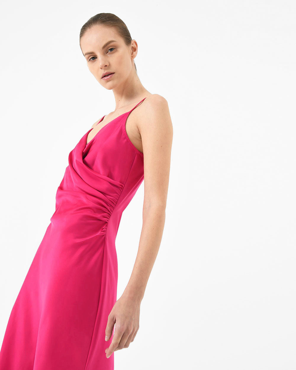 Staria Draped Camisole Dress in fuchsia — close-up view