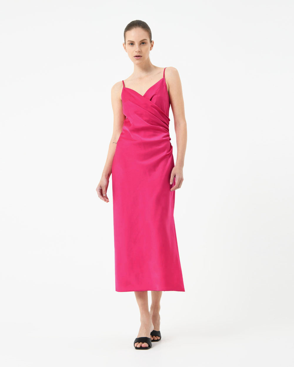 Staria Draped Camisole Dress in fuchsia — full-length view 2