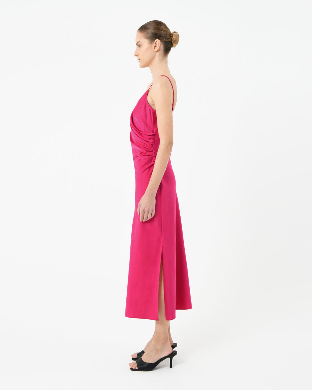 Staria Draped Camisole Dress in fuchsia — side view