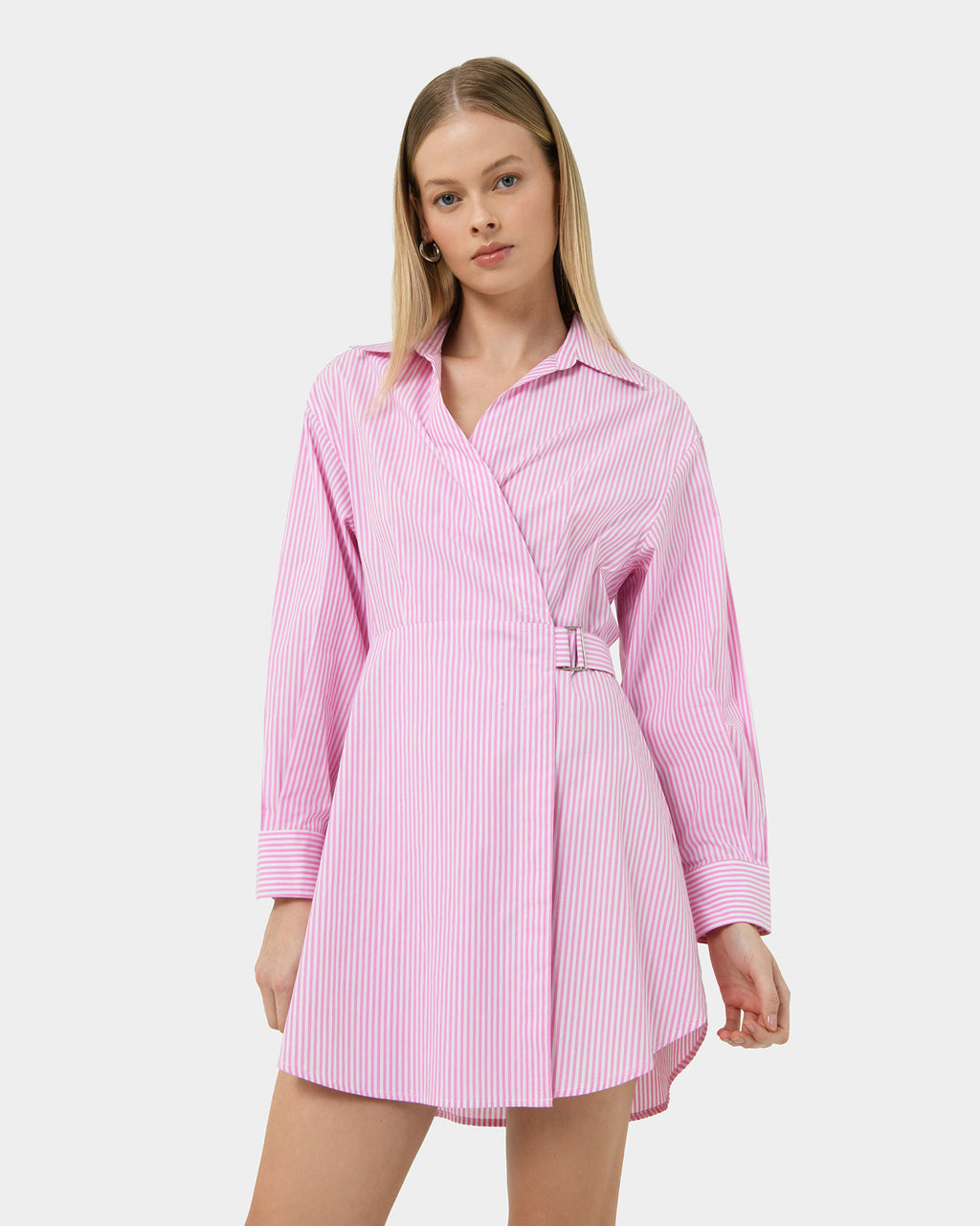 Manhattan Wrap Shirt Dress in pink — close-up view