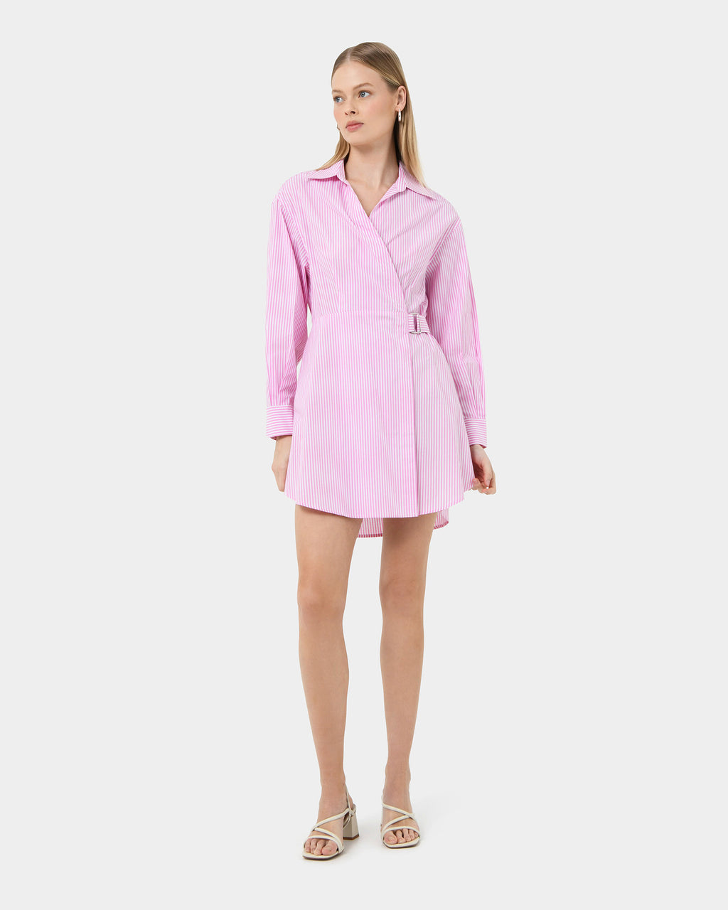Manhattan Wrap Shirt Dress in pink — full-length view