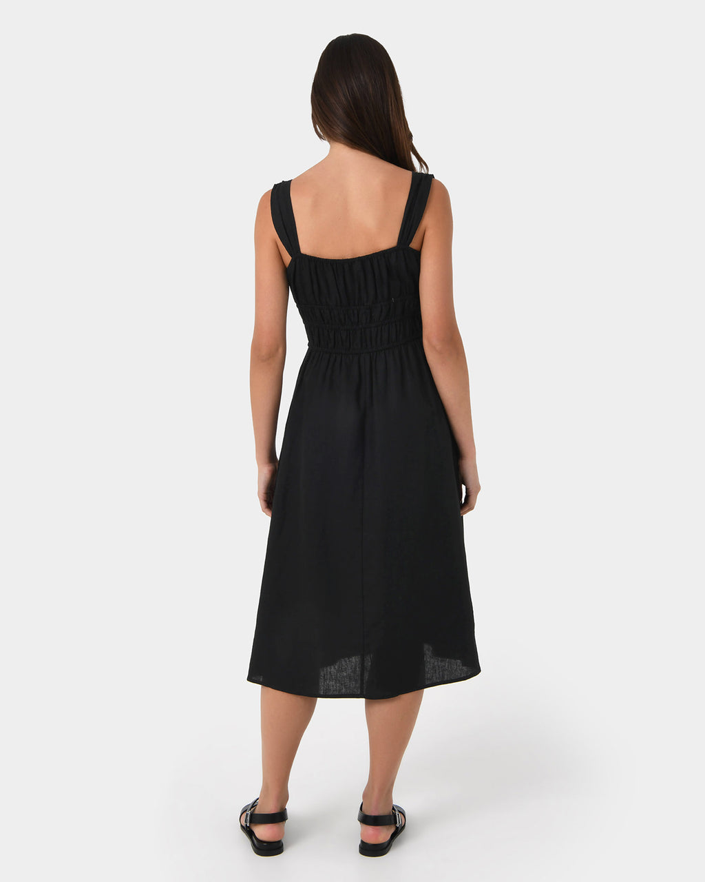 Solita Shirred Linen Dress in black — back view