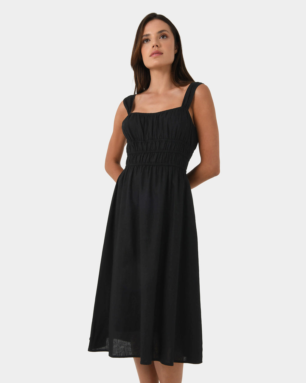 Solita Shirred Linen Dress in black — close-up view 2