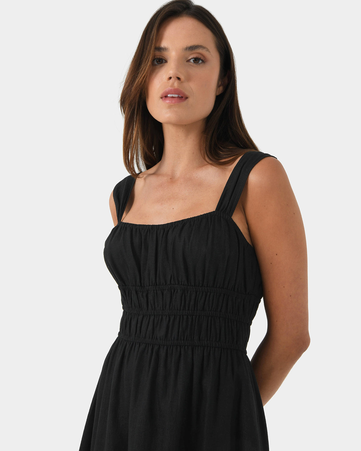 Solita Shirred Linen Dress in black — fabric detail