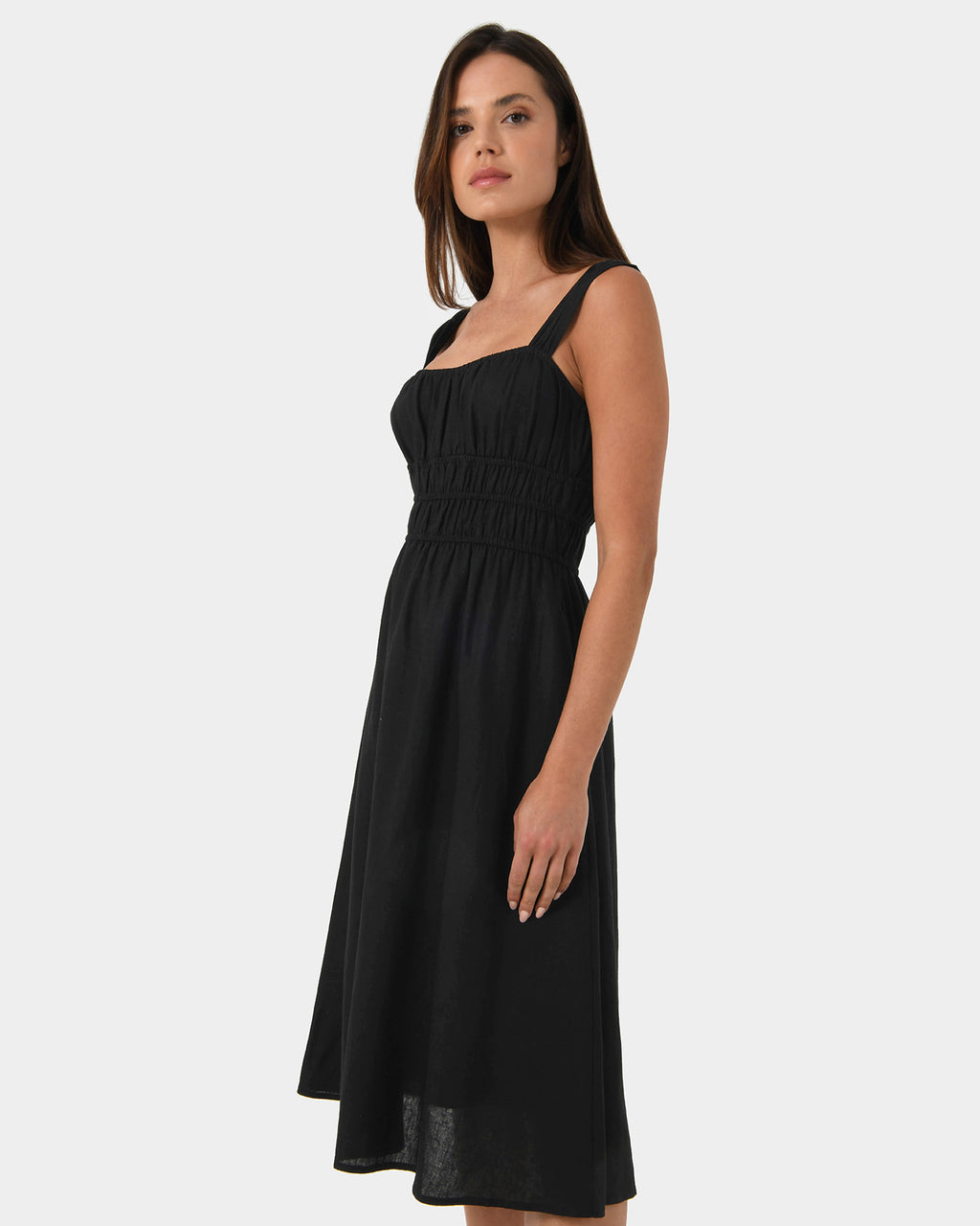 Solita Shirred Linen Dress in black — side view