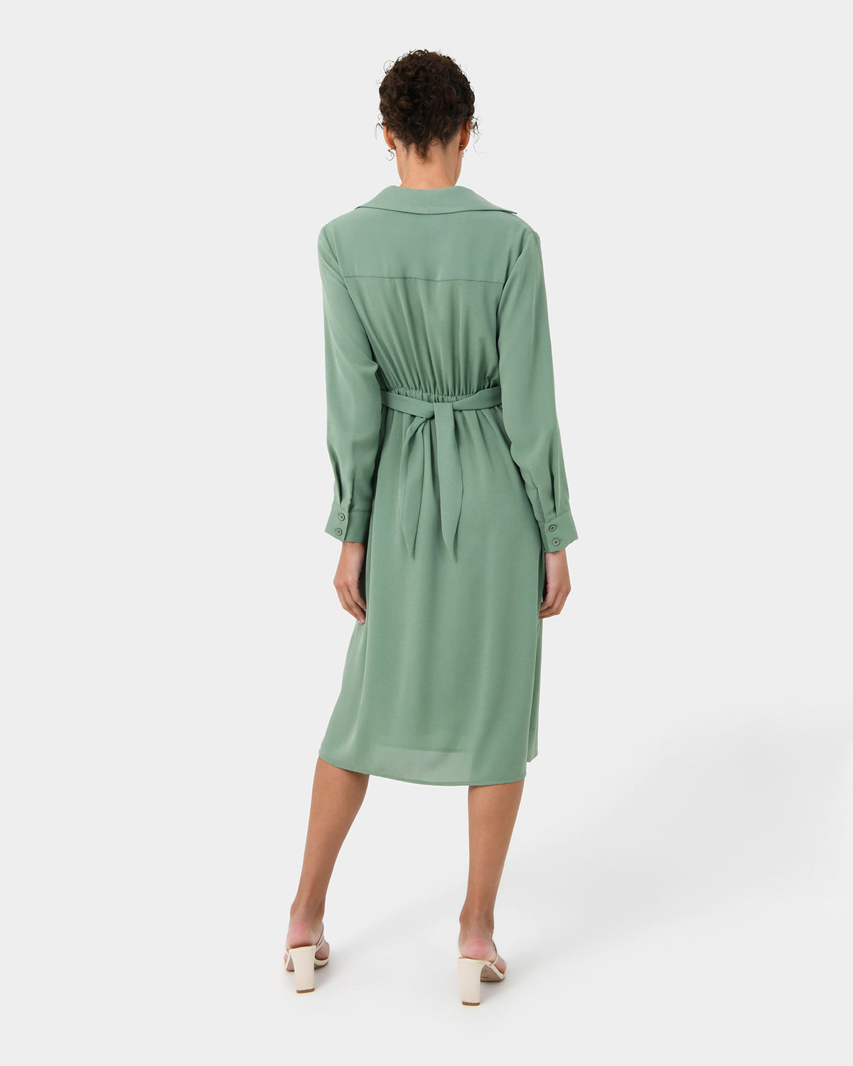 Elaine Twisted Tie Front Dress in green — back view