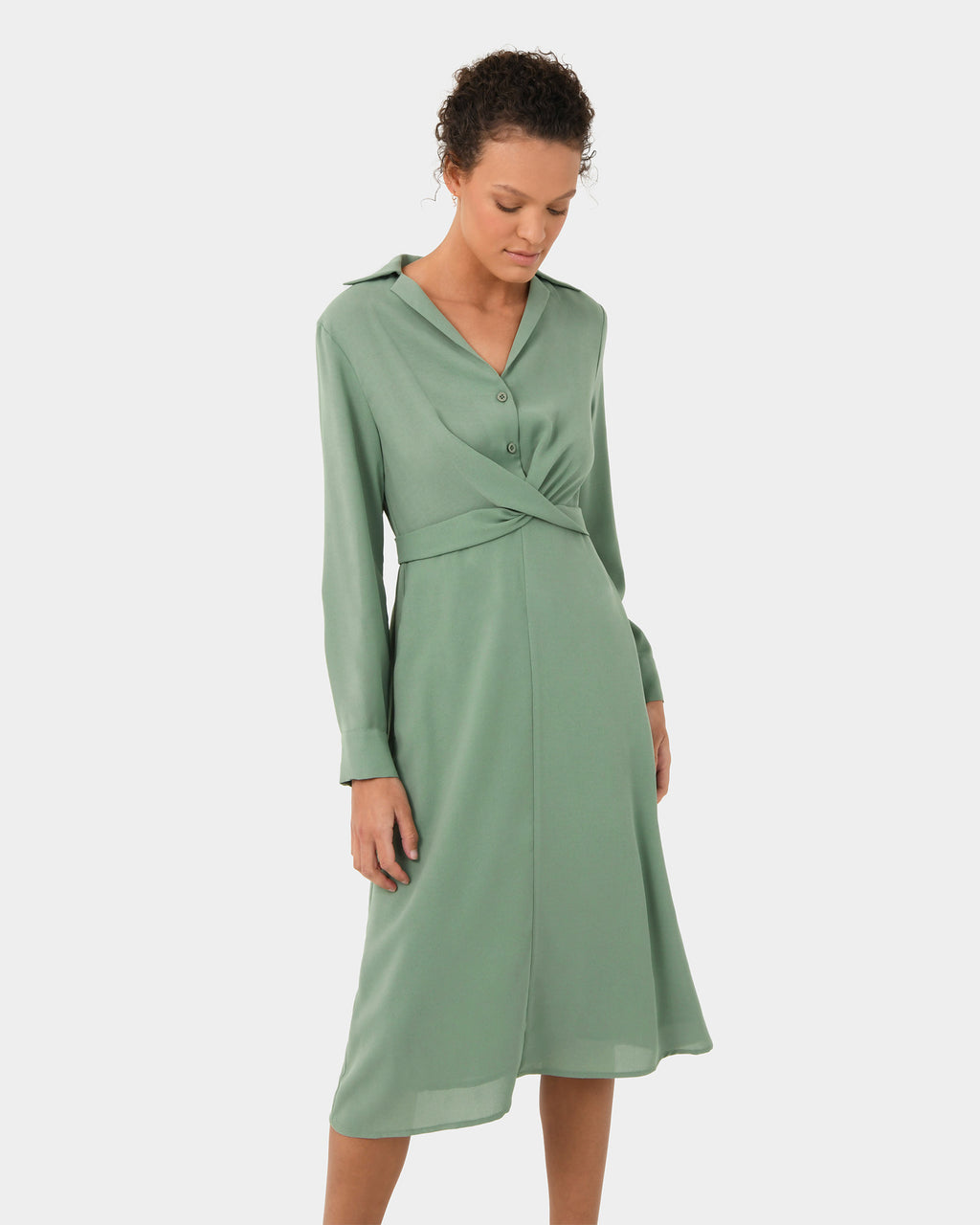 Elaine Twisted Tie Front Dress in green — close-up view