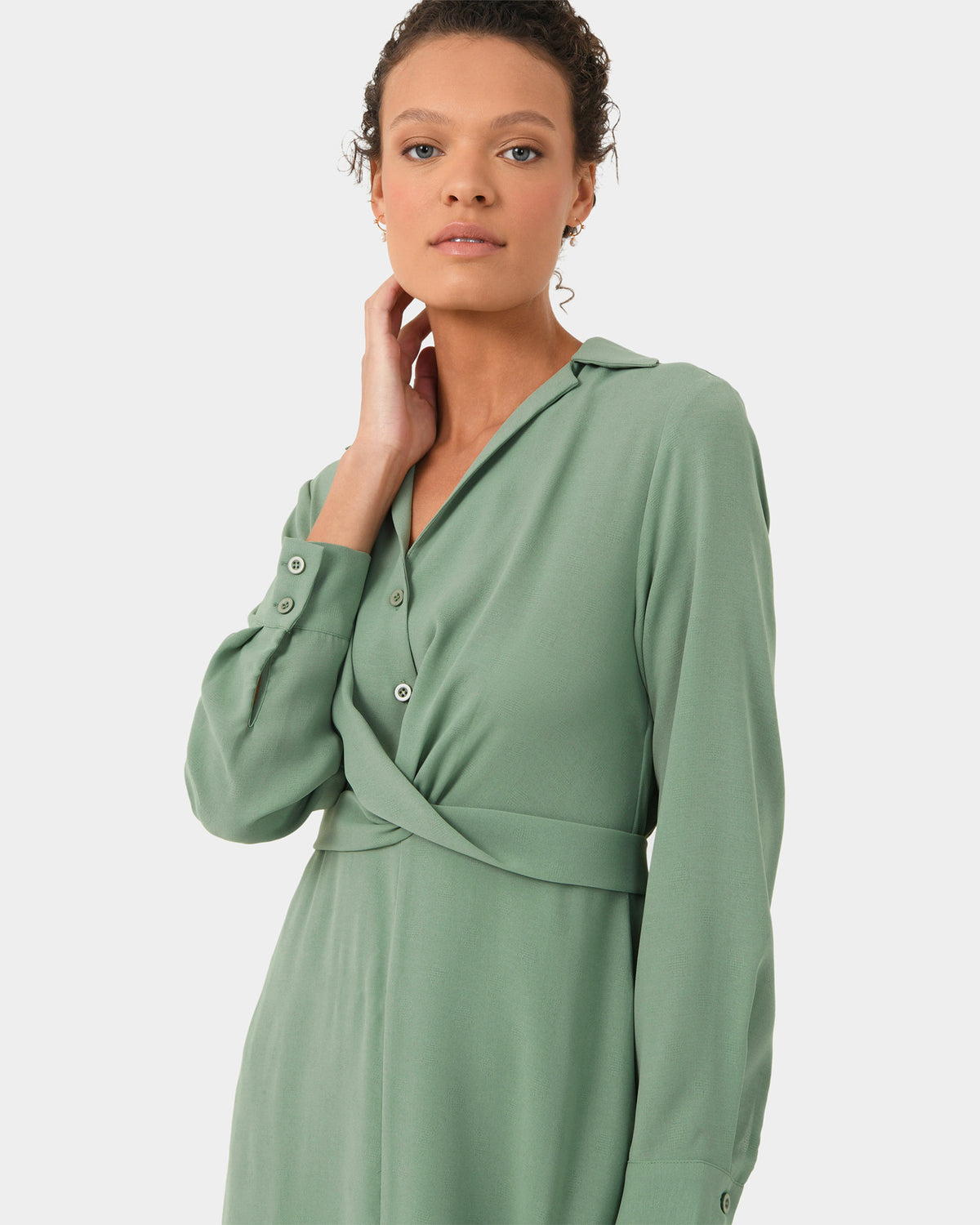 Elaine Twisted Tie Front Dress in green — fabric detail