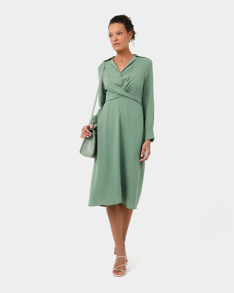Elaine Twisted Tie Front Dress in green — full-length view