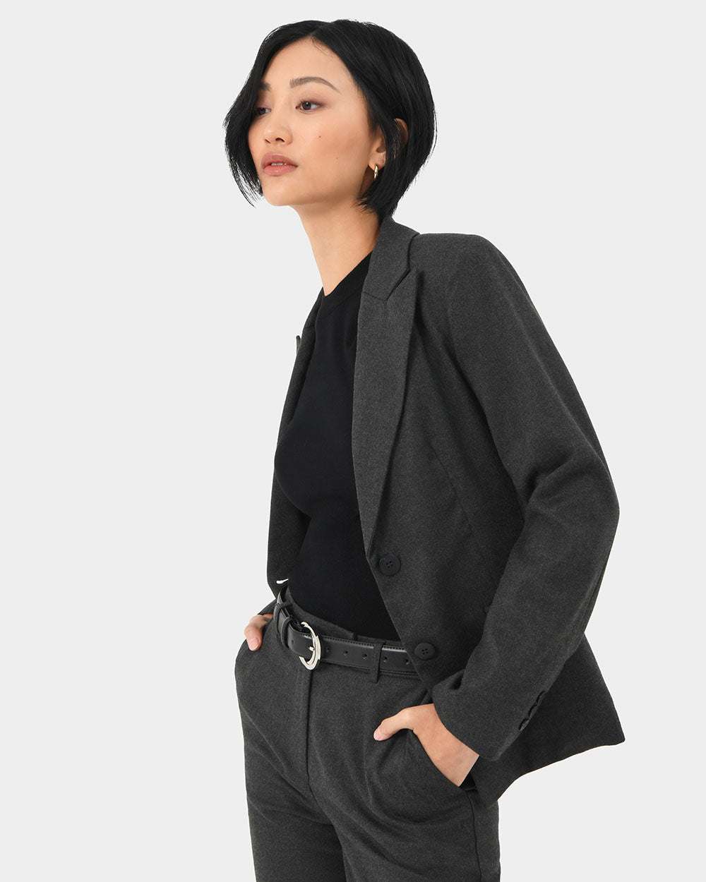 Reign Single Breasted Blazer in charcoal — close-up view