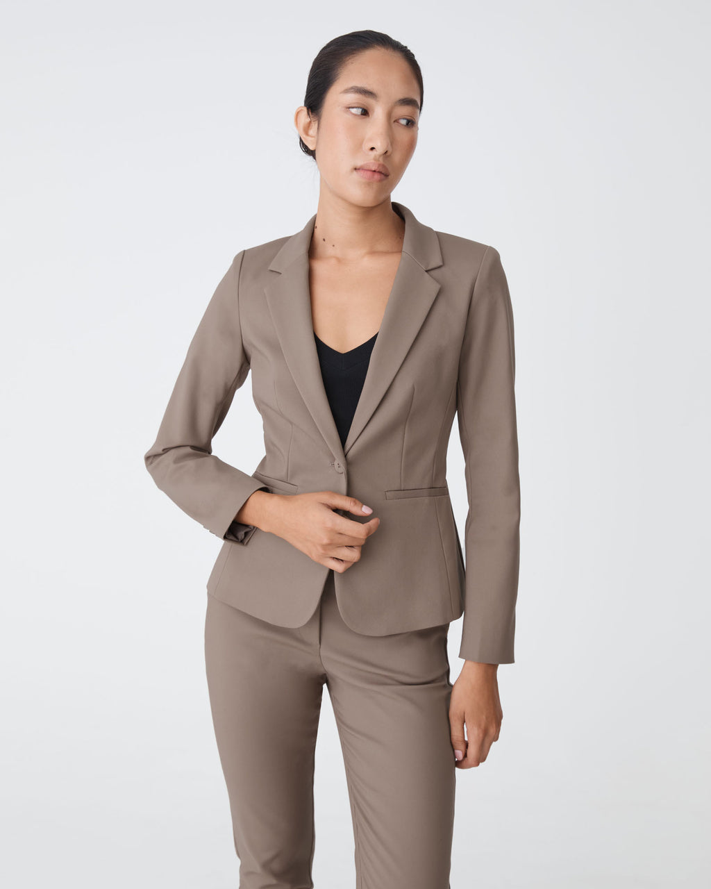 Safira Suit Jacket in walnut — close-up view