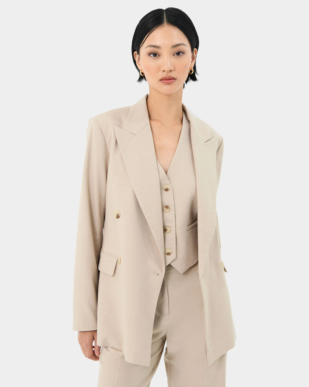 Mariel Double Breasted Blazer in sand beige — close-up view