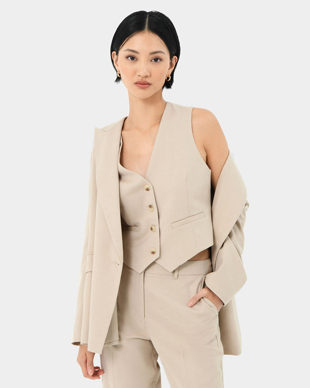 Mariel Double Breasted Blazer in sand beige — close-up view 2